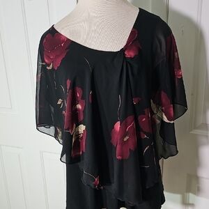Wimsigoth Fairycore Black Floral Sheer Overlay Women's Top. Y2K Black/purple
